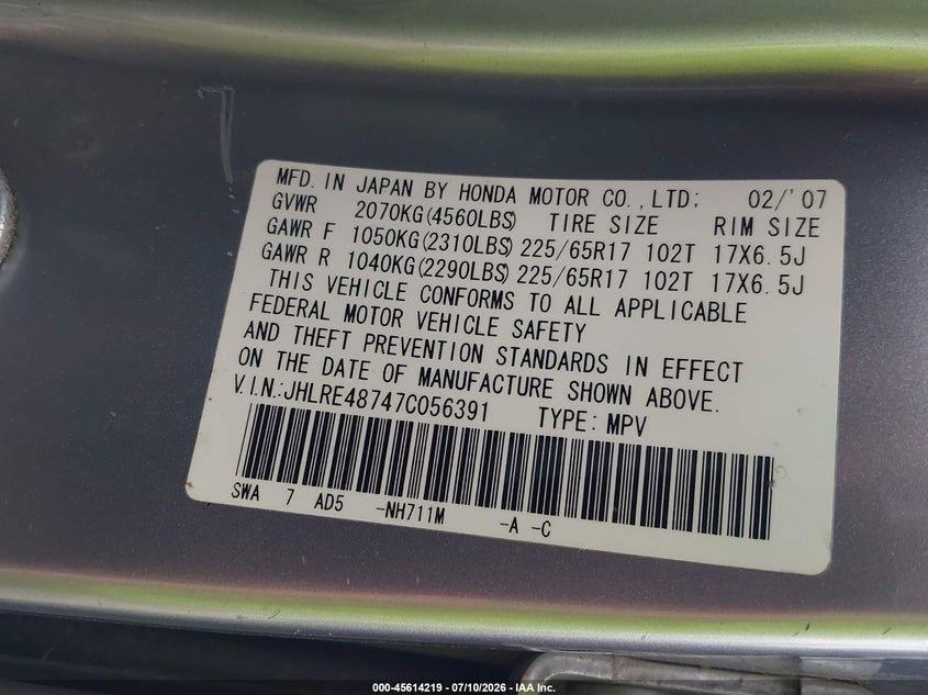 2007 Honda Cr-v VIN JHLRE48747C056391 IAAI salvage auction — NORMAL WEAR, Clear (Washington), sold $800 on 2026-07-15 (photo 9)