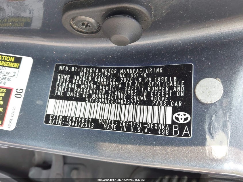 2018 Toyota Corolla VIN 5YFBURHE6JP848277 IAAI salvage auction — FRONT & REAR, Mv-907A (New York), sold $2,150 on 2026-07-29 (photo 9)