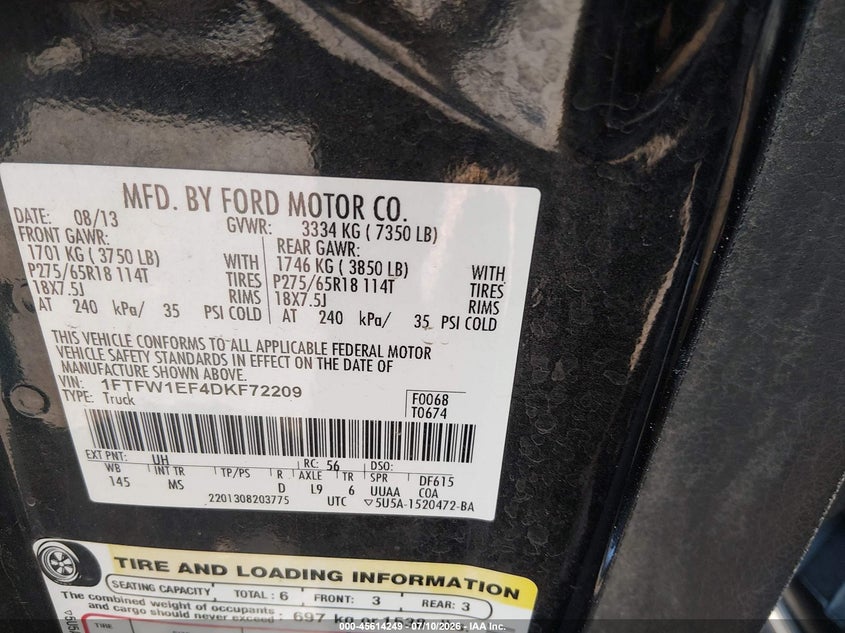 2013 Ford F-150 VIN 1FTFW1EF4DKF72209 IAAI salvage auction — NORMAL WEAR, Clear (Idaho), sold $1,475 on 2026-07-18 (photo 9)