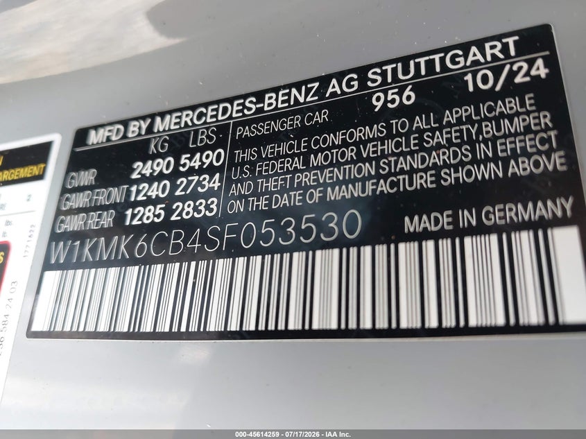2025 Mercedes-benz VIN W1KMK6CB4SF053530 IAAI salvage auction — STORM DAMAGE, Salvage Title, sold $44,750 on 2026-08-24 (photo 9)
