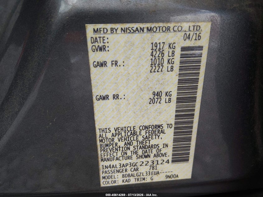 2016 Nissan Altima VIN 1N4AL3AP3GC223124 IAAI salvage auction — NORMAL WEAR, Clear (Tennessee), sold $675 on 2026-07-23 (photo 9)