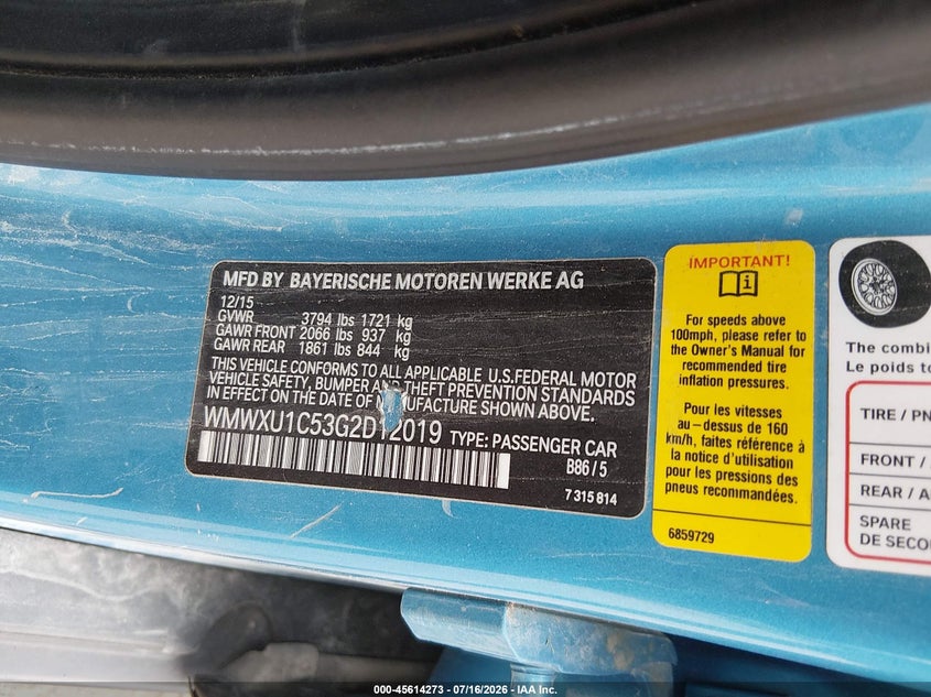 2016 Mini Hard top VIN WMWXU1C53G2D12019 IAAI salvage auction — NORMAL WEAR, Salvage Title, sold $225 on 2026-07-27 (photo 9)