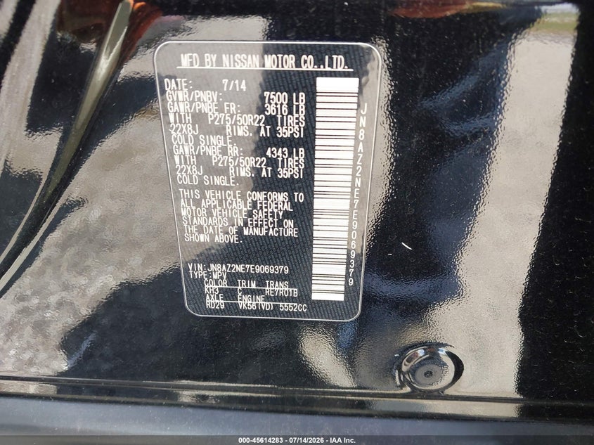 2014 Infiniti Qx80 VIN JN8AZ2NE7E9069379 IAAI salvage auction — NORMAL WEAR, Clear (Florida), sold $1,050 on 2026-07-28 (photo 9)