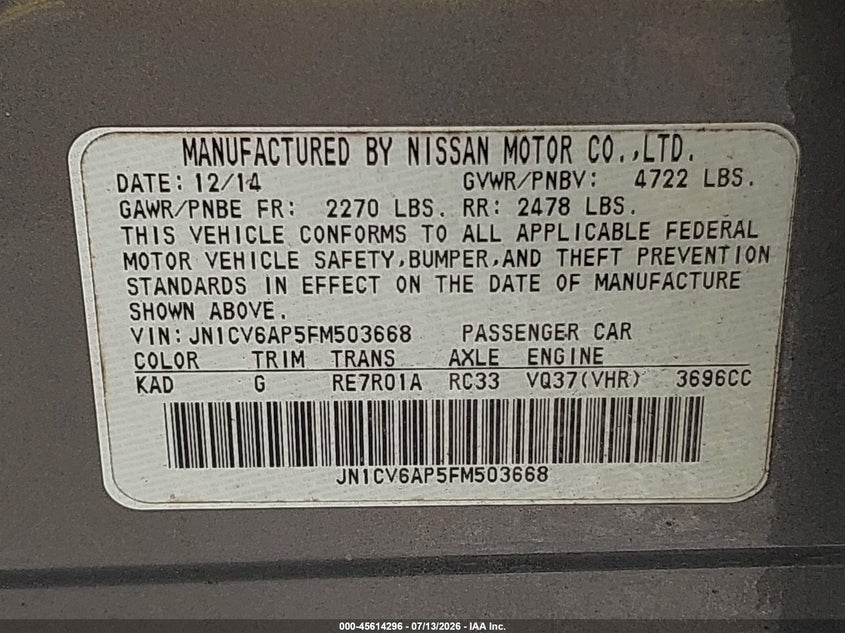 2015 Infiniti Q40 VIN JN1CV6AP5FM503668 IAAI salvage auction — NORMAL WEAR, Clear (Florida), sold $2,950 on 2026-07-23 (photo 9)
