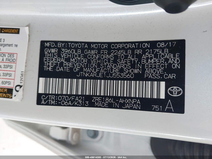 2018 Toyota Corolla VIN JTNKARJE1JJ553560 IAAI salvage auction — SIDE, Salvage Title, sold $3,450 on 2026-08-02 (photo 9)