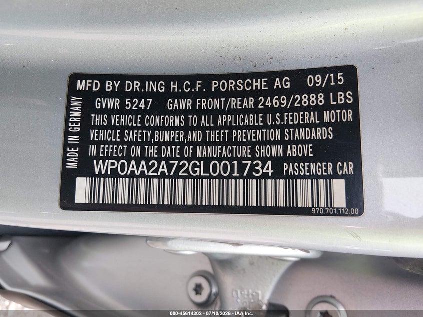 2016 Porsche Panamera VIN WP0AA2A72GL001734 IAAI salvage auction — FRONT END, Salvage Title, sold $7,900 on 2026-07-29 (photo 9)
