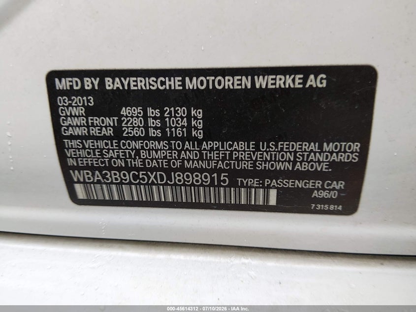 2013 BMW 3er VIN WBA3B9C5XDJ898915 IAAI salvage auction — NORMAL WEAR, Clear (Tennessee), sold $1,850 on 2026-07-29 (photo 9)