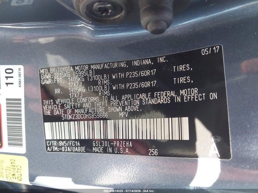 2017 Toyota Sienna VIN 5TDKZ3DC0HS859666 IAAI salvage auction — FRONT END, Salvage Title, sold $4,650 on 2026-07-19 (photo 9)