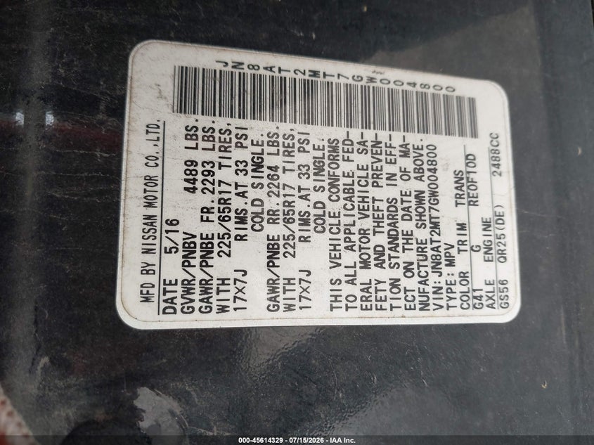 2016 Nissan Rogue VIN JN8AT2MT7GW004800 IAAI salvage auction — RIGHT SIDE, Salvage (Tennessee), sold $25 on 2026-07-30 (photo 9)