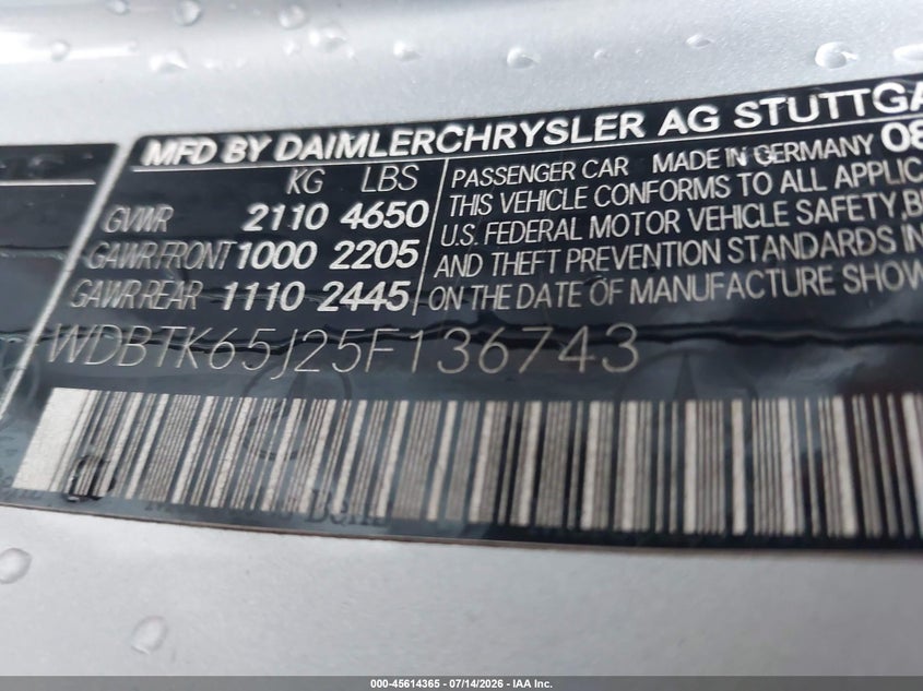 2005 Mercedes-benz Clk-class VIN WDBTK65J25F136743 IAAI salvage auction — NORMAL WEAR, Clear (Florida), sold $450 on 2026-08-06 (photo 9)