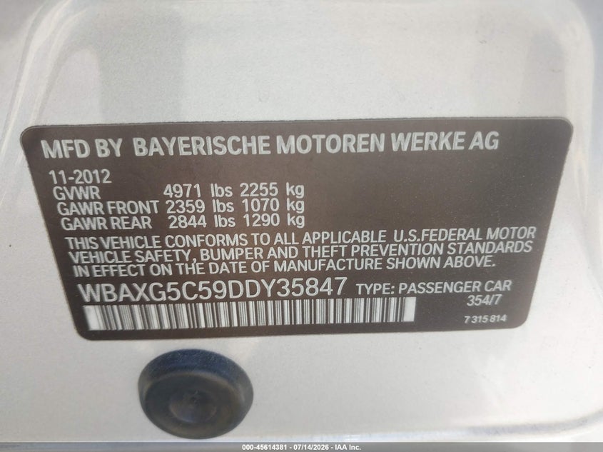 2013 BMW 5 series VIN WBAXG5C59DDY35847 IAAI salvage auction — FRONT END, Clear - Dealer Only (California), sold $375 on 2026-07-28 (photo 9)