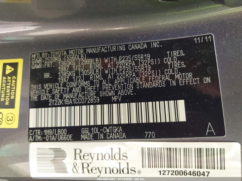 2012 Lexus Rx VIN 2T2ZK1BA1CC072859 IAAI salvage auction — FRONT END, Original (Texas), sold $4,750 on 2026-09-11 (photo 9)