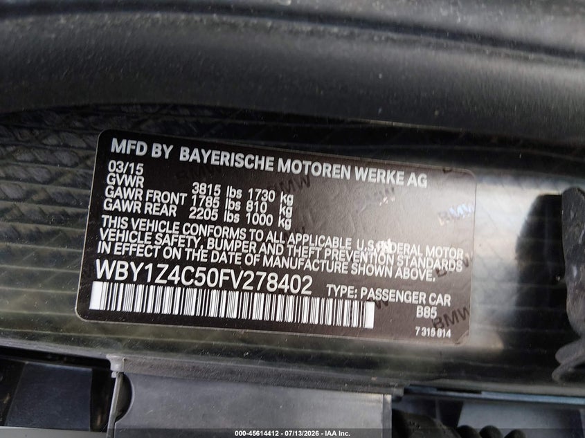 2015 BMW I3 VIN WBY1Z4C50FV278402 IAAI salvage auction — SIDE, Salvage (California), sold $1,750 on 2026-07-29 (photo 9)