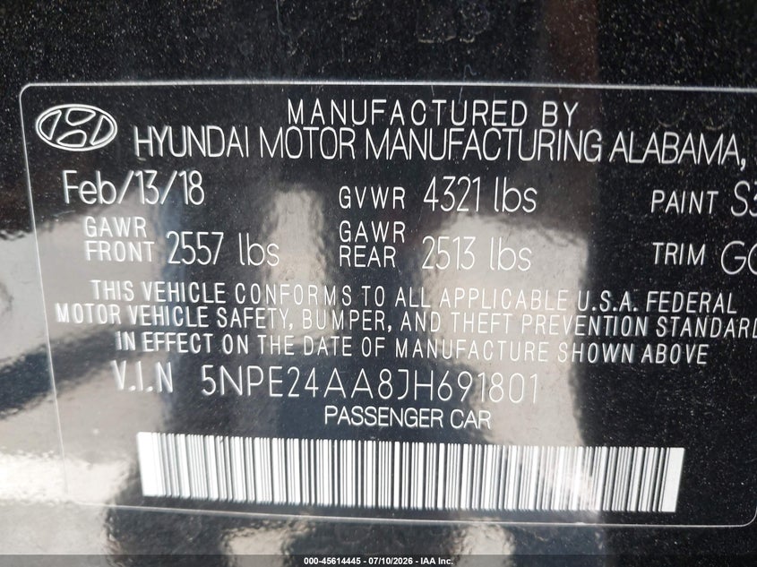 2018 Hyundai Sonata VIN 5NPE24AA8JH691801 IAAI salvage auction — NORMAL WEAR, Sf97 (California), sold $8,175 on 2026-07-30 (photo 9)