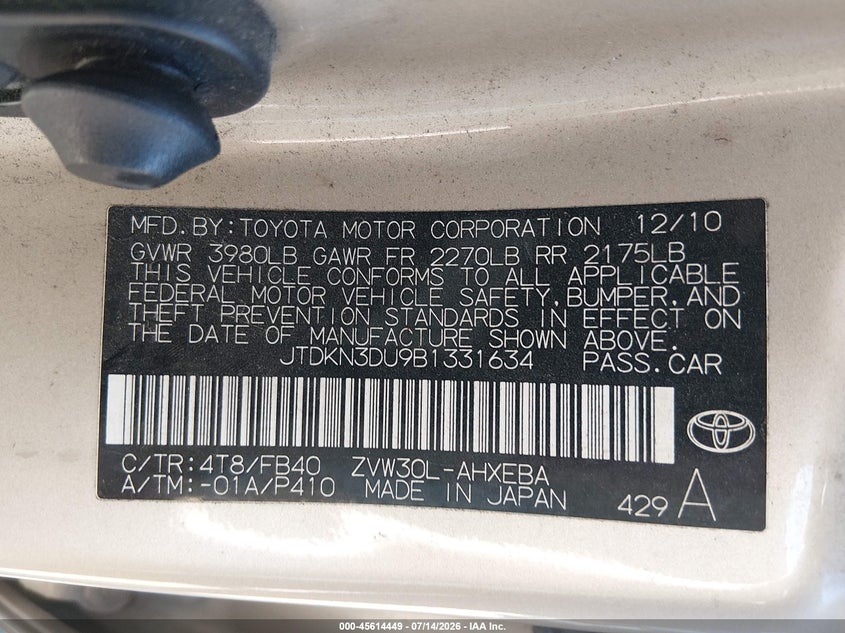 2011 Toyota Prius VIN JTDKN3DU9B1331634 IAAI salvage auction — NORMAL WEAR, Clear (Washington), sold $3,450 on 2026-07-22 (photo 9)