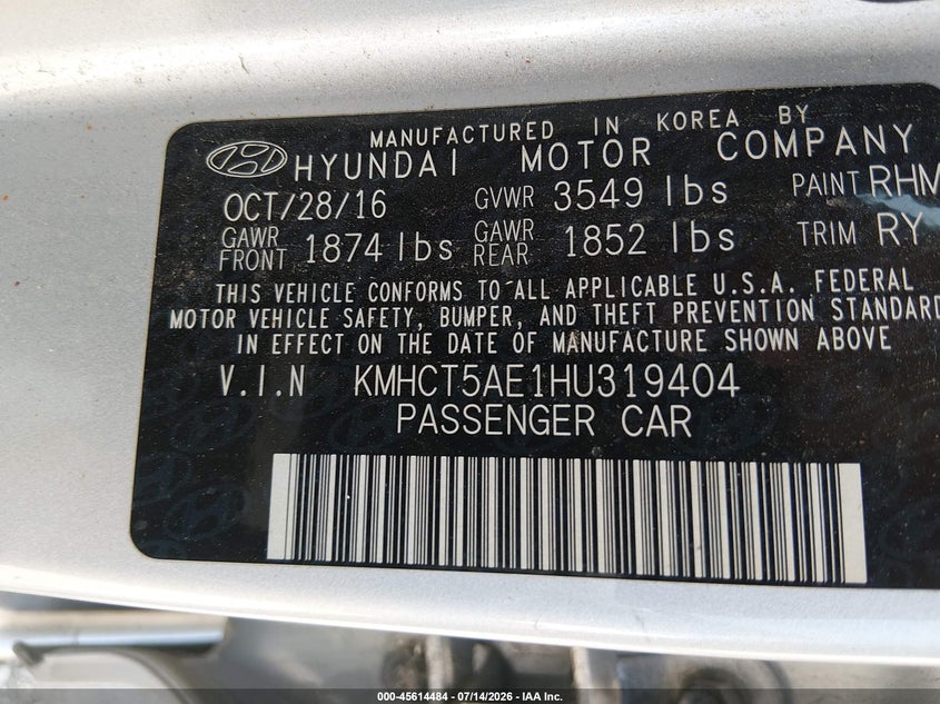 2017 Hyundai Accent VIN KMHCT5AE1HU319404 IAAI salvage auction — NORMAL WEAR, Clear (Illinois), sold $450 on 2026-07-28 (photo 9)