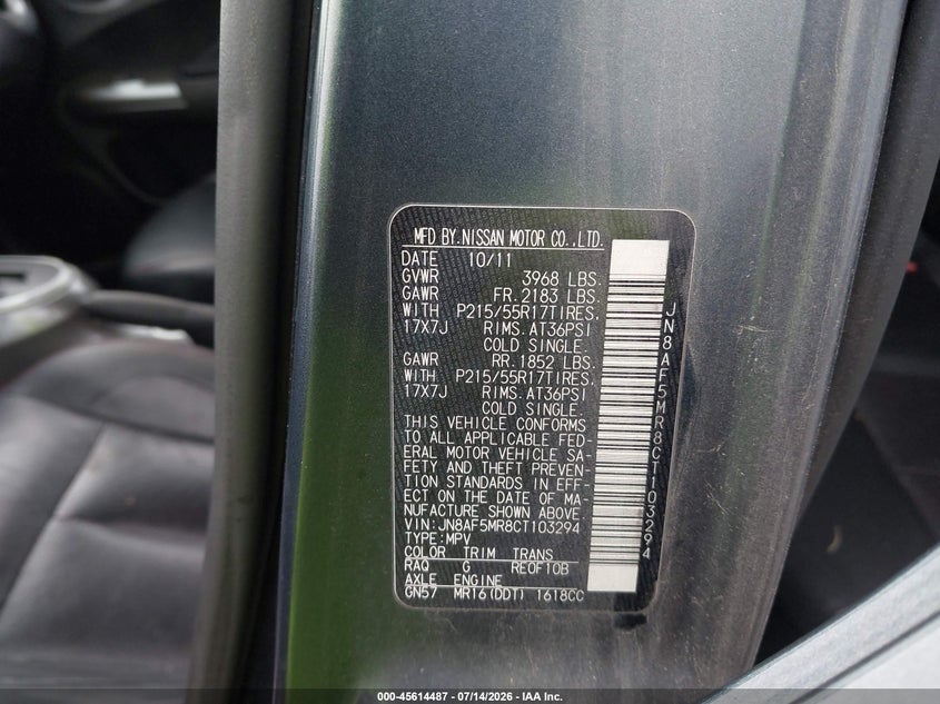 2012 Nissan Juke VIN JN8AF5MR8CT103294 IAAI salvage auction — NORMAL WEAR, Clear (Texas), sold $25 on 2026-07-23 (photo 9)