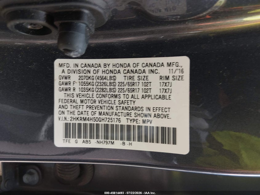 2016 Honda Cr-v VIN 2HKRM4H50GH725176 IAAI salvage auction — SIDE, Salvage (Idaho), sold $4,350 on 2026-08-01 (photo 9)