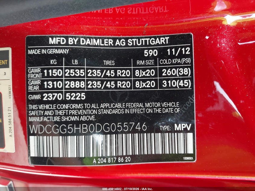 2013 Mercedes-benz Glk-klasse VIN WDCGG5HB0DG055746 IAAI salvage auction — NORMAL WEAR, Salvage Title, sold $2,025 on 2026-07-29 (photo 9)