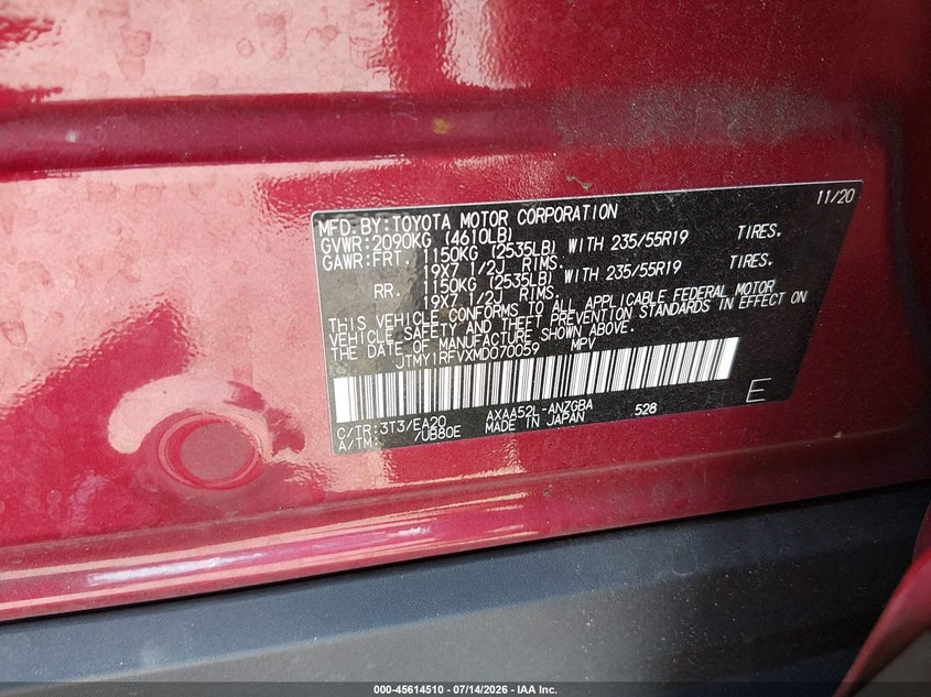 2021 Toyota Rav 4 VIN JTMY1RFVXMD070059 IAAI salvage auction — FRONT END, Rebuildable (Florida), sold $9,100 on 2026-07-25 (photo 9)
