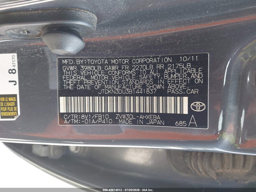 2011 Toyota Prius VIN JTDKN3DU3B1441837 IAAI salvage auction — LEFT FRONT, Lien Papers (California), sold $25 on 2026-07-29 (photo 9)