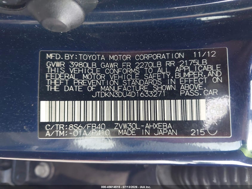 2013 Toyota Prius VIN JTDKN3DU4D1633271 IAAI salvage auction — NORMAL WEAR, Clear-Dealer Only (North Carolina), sold $3,600 on 2026-07-21 (photo 9)