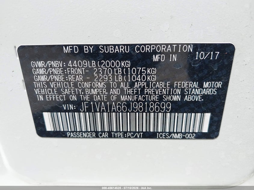 2018 Subaru Wrx VIN JF1VA1A66J9818699 IAAI salvage auction — NORMAL WEAR, Salvage Title, sold $6,450 on 2026-07-22 (photo 9)