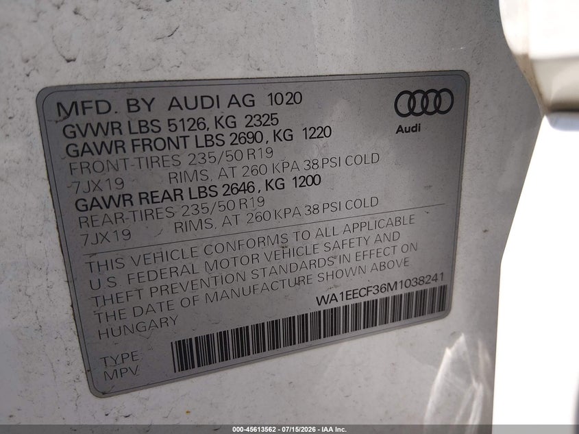 2021 Audi Q3 VIN WA1EECF36M1038241 IAAI salvage auction — FRONT END, Salvage Title, sold $7,300 on 2026-08-26 (photo 9)