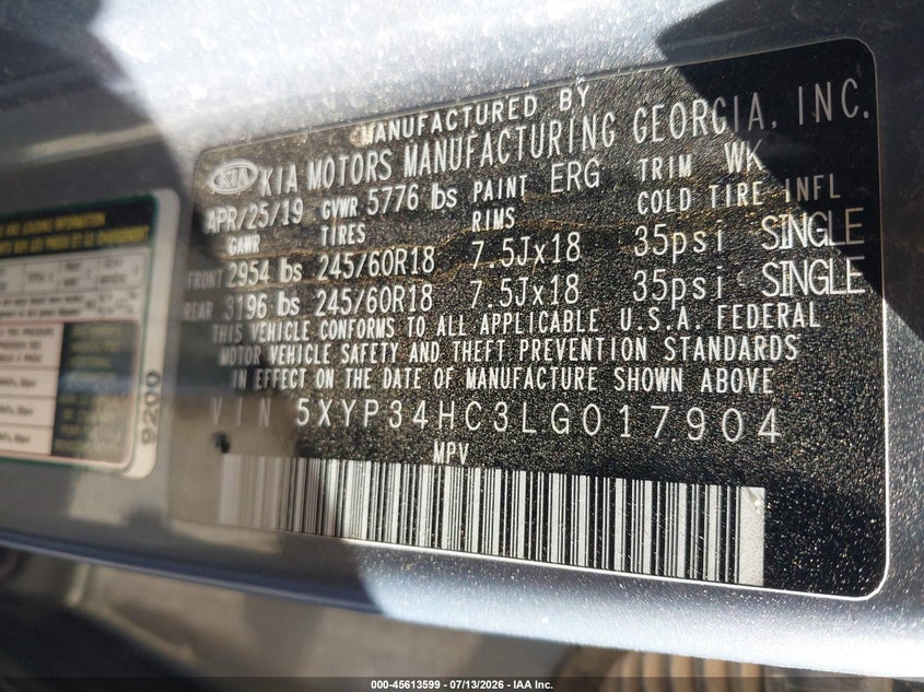 2020 Kia Telluride VIN 5XYP34HC3LG017904 IAAI salvage auction — REPOSSESSION, Original (Texas), sold $25 on 2026-07-21 (photo 9)