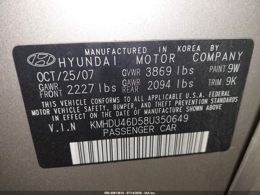 2008 Hyundai Elantra VIN KMHDU46D58U350649 IAAI salvage auction — REAR END, Salvage (Pennsylvania), sold $400 on 2026-08-01 (photo 9)