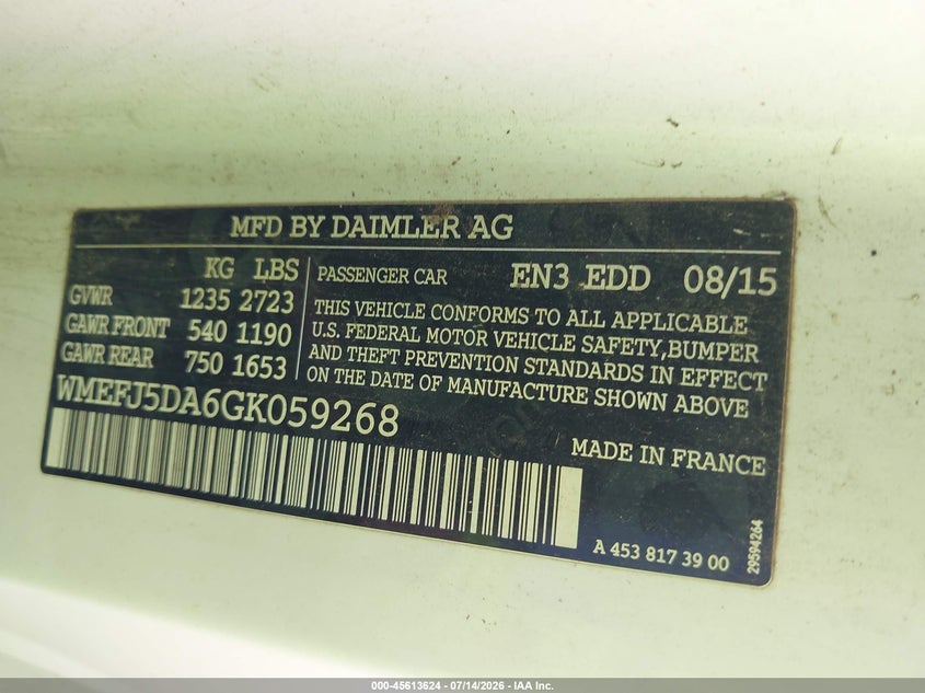2016 Smart Fortwo VIN WMEFJ5DA6GK059268 IAAI salvage auction — REAR END, Clear (Oklahoma), sold $2,200 on 2026-09-09 (photo 9)
