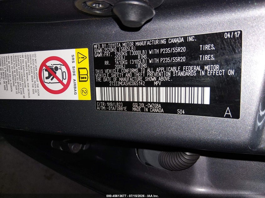 2017 Lexus Rx VIN 2T2ZZMCA5HC065142 IAAI salvage auction — FRONT END, Wait Title, sold $9,900 on 2026-08-30 (photo 9)