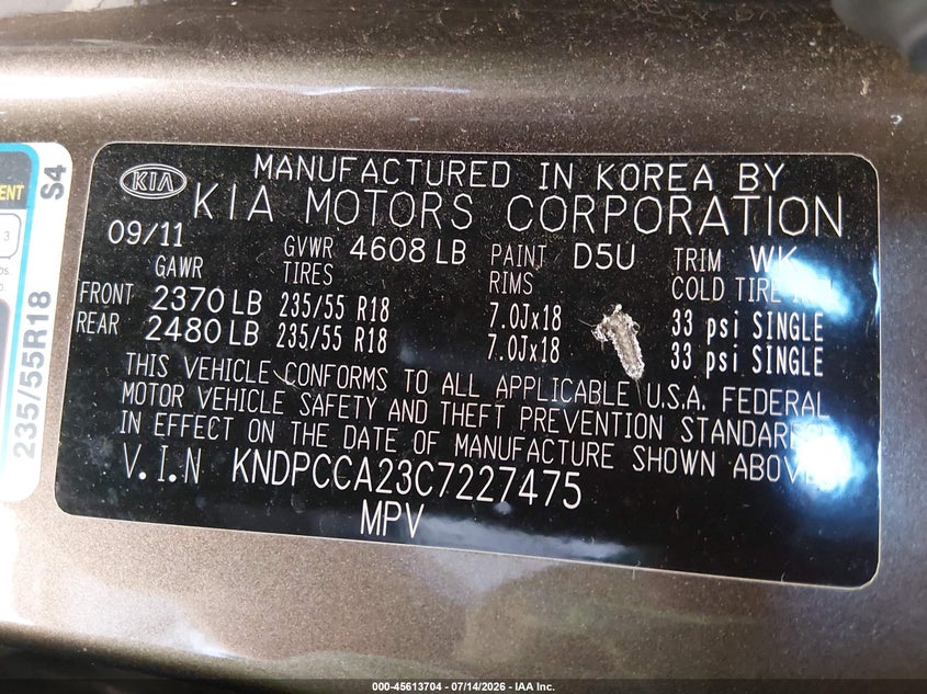 2012 Kia Sportage VIN KNDPCCA23C7227475 IAAI salvage auction — SIDE, Salvage (Ohio), sold $1,600 on 2026-08-01 (photo 9)