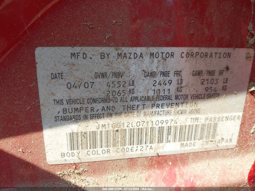 2007 Mazda 6 VIN JM1GG12L071109974 IAAI salvage auction — NORMAL WEAR, Clear (New Jersey), sold $1,000 on 2026-07-27 (photo 9)