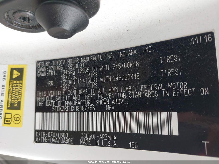 2017 Toyota Highlander VIN 5TDKZRFHXHS187756 IAAI salvage auction — NORMAL WEAR, Clear (Arkansas), sold $4,850 on 2026-07-23 (photo 9)