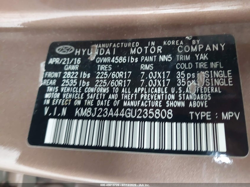 2016 Hyundai Tucson VIN KM8J23A44GU235808 IAAI salvage auction — NORMAL WEAR, Clear - Dealer Only (California), sold $3,975 on 2026-07-28 (photo 9)
