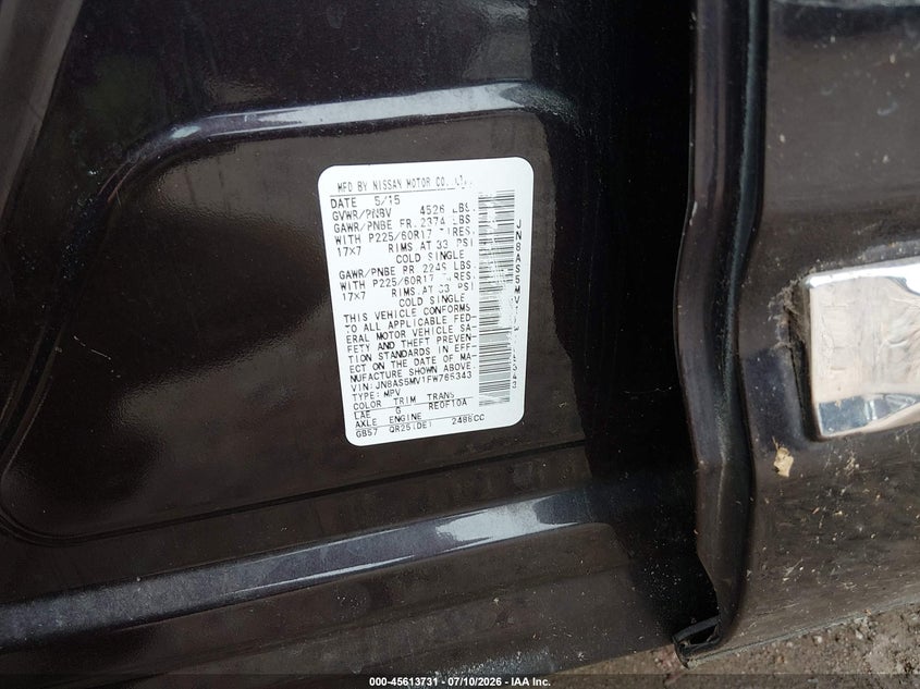 2015 Nissan Rogue VIN JN8AS5MV1FW765343 IAAI salvage auction — NORMAL WEAR, Clear-Dealer Only (Maryland), sold $775 on 2026-07-30 (photo 9)
