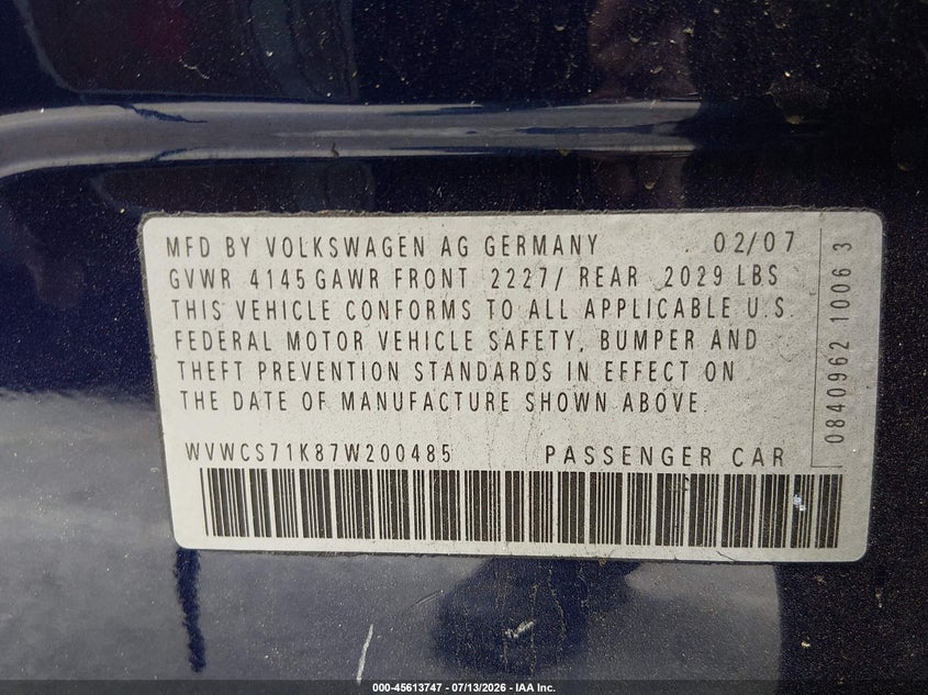 2007 Volkswagen Rabbit VIN WVWCS71K87W200485 IAAI salvage auction — LEFT FRONT, Salvage (California), sold $550 on 2026-08-10 (photo 9)