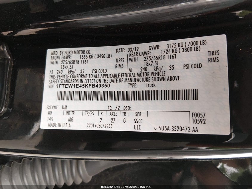 2019 Ford F-150 VIN 1FTEW1E45KFB49350 IAAI salvage auction — FRONT END, Salvage (Connecticut), sold $7,200 on 2026-08-01 (photo 9)