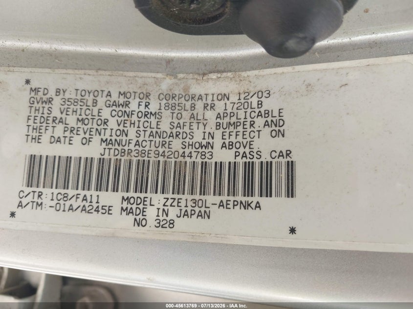 2004 Toyota Corolla VIN JTDBR38E942044783 IAAI salvage auction — FRONT & REAR, Salvage (Texas), sold $550 on 2026-07-28 (photo 9)