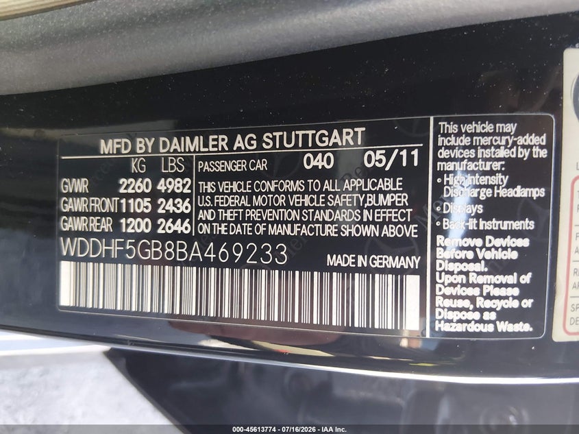 2011 Mercedes-benz E-class VIN WDDHF5GB8BA469233 IAAI salvage auction — RIGHT SIDE, Salvage (Nevada), sold $1,100 on 2026-08-07 (photo 9)