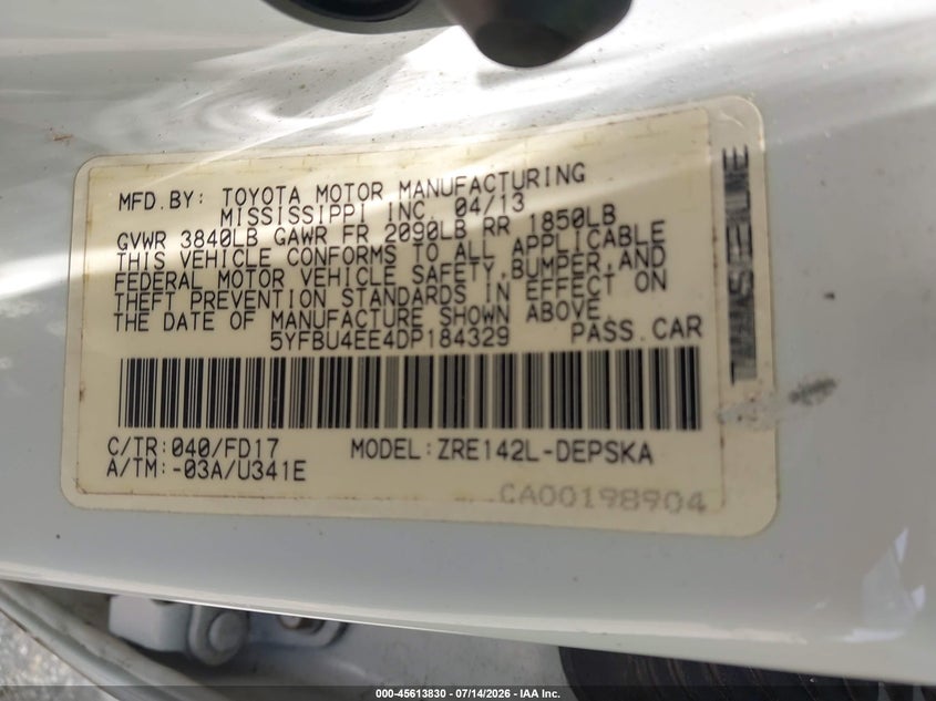 2013 Toyota Corolla VIN 5YFBU4EE4DP184329 IAAI salvage auction — LEFT FRONT, Salvage Title, sold $1,350 on 2026-07-29 (photo 9)
