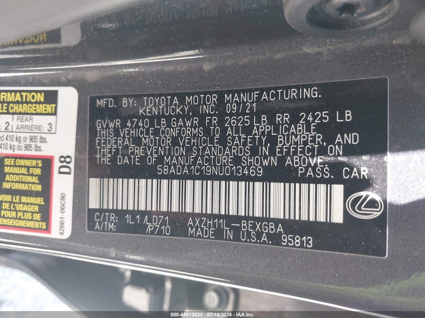 2022 Lexus ES VIN 58ADA1C19NU013469 IAAI salvage auction — FRONT & REAR, Salvage Title, sold $11,750 on 2026-09-01 (photo 9)