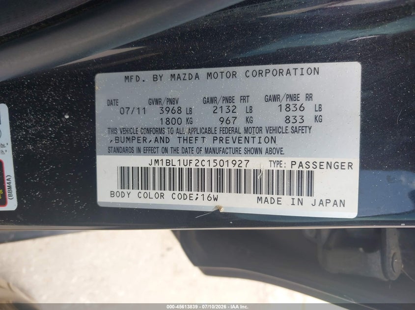 2012 Mazda 3 VIN JM1BL1UF2C1501927 IAAI salvage auction — NORMAL WEAR, Salvage Title, sold $225 on 2026-07-21 (photo 9)