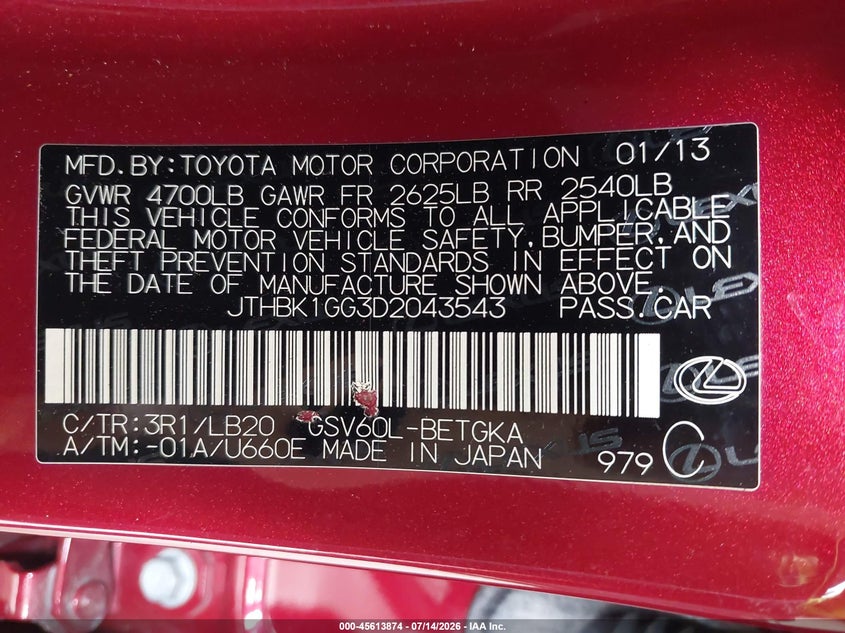 2013 Lexus ES VIN JTHBK1GG3D2043543 IAAI salvage auction — FRONT END, Salvage Title, sold $50 on 2026-07-29 (photo 9)