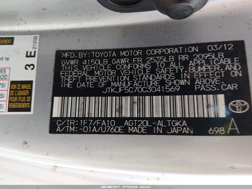 2012 Scion Tc VIN JTKJF5C70C3041569 IAAI salvage auction — NORMAL WEAR, Salvage Title, sold $25 on 2026-07-21 (photo 9)