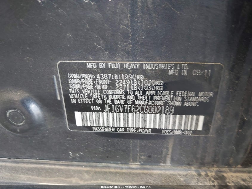 2012 Subaru Impreza VIN JF1GV7F62CG002189 IAAI salvage auction — SIDE, Clear (Colorado), sold $5,600 on 2026-09-05 (photo 9)