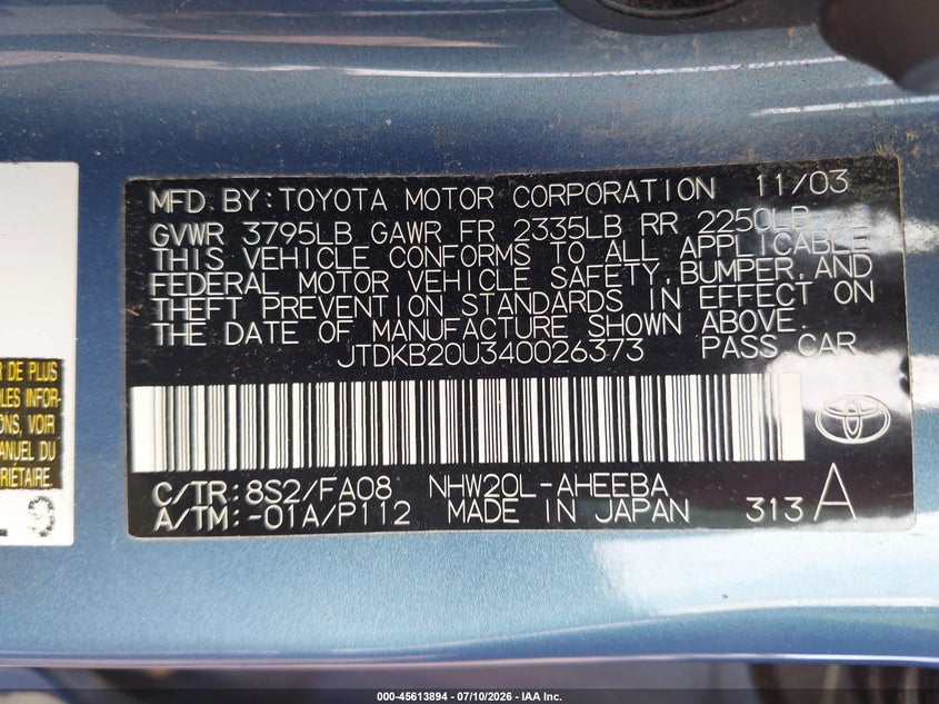 2004 Toyota Prius VIN JTDKB20U340026373 IAAI salvage auction — NORMAL WEAR, Original (Ohio), sold $275 on 2026-07-30 (photo 9)