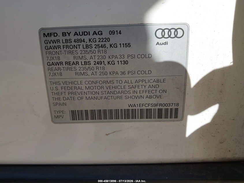 2015 Audi Q3 VIN WA1EFCFS9FR003718 IAAI salvage auction — NORMAL WEAR, Clear (Massachusetts), sold $800 on 2026-07-29 (photo 9)