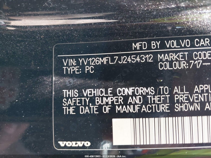 2018 Volvo S60 VIN YV126MFL7J2454312 IAAI salvage auction — LEFT FRONT, Salvage Title, sold $1,300 on 2026-08-08 (photo 9)